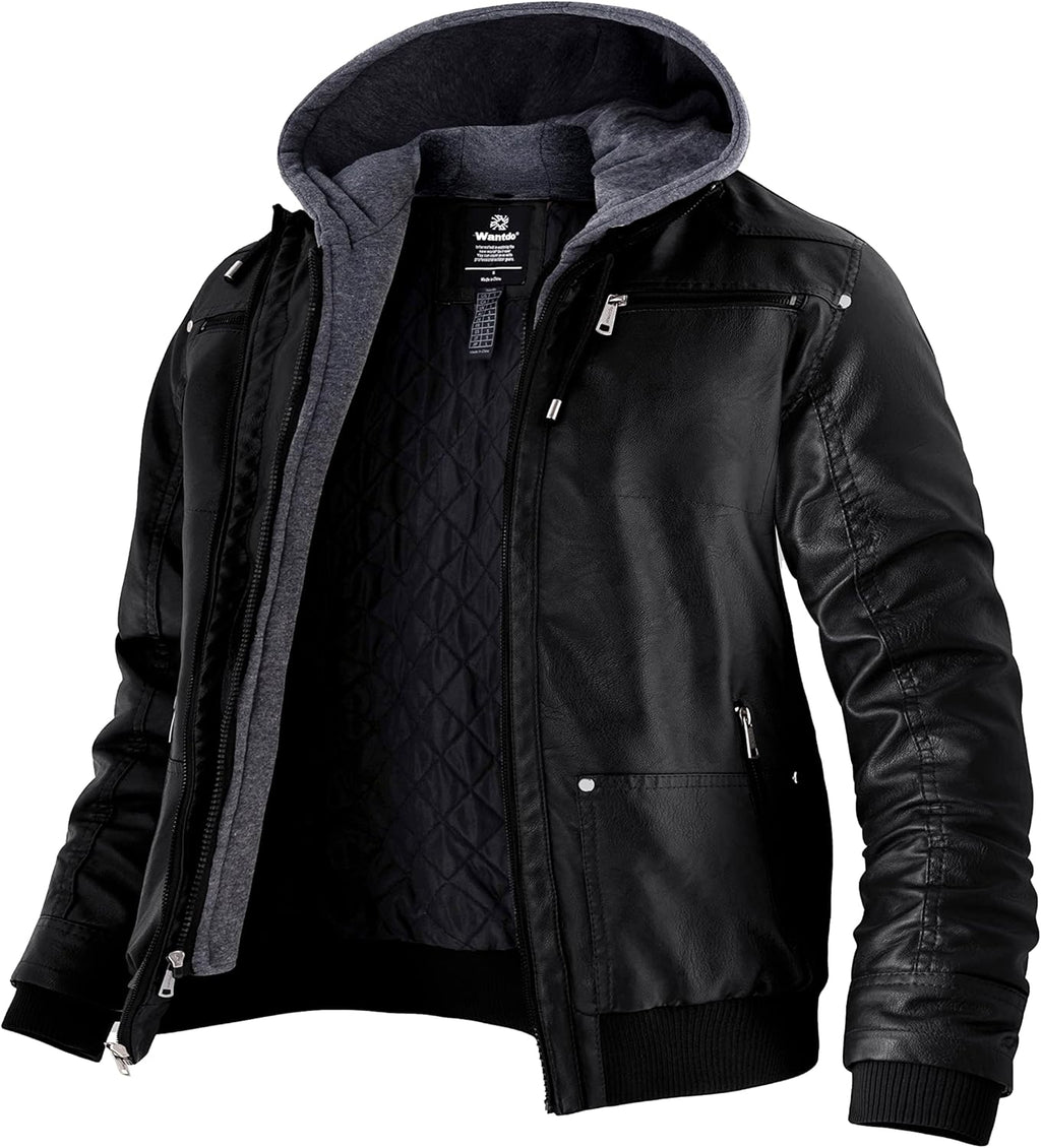 Wantdo Men's Winter Coat Faux Leather Spring Jacket with Removable Hooded Casual
