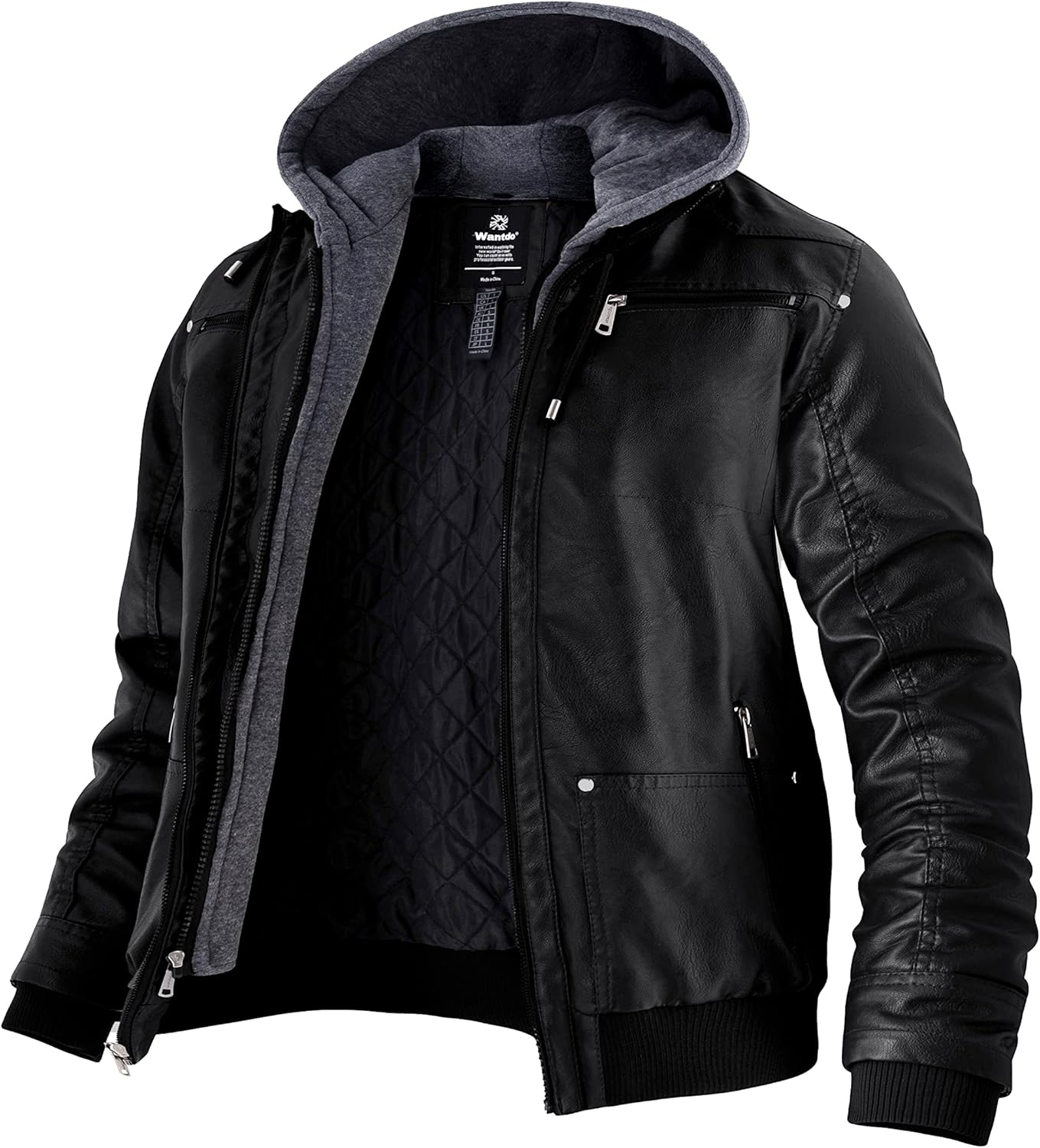 Wantdo Men's Winter Coat Faux Leather Spring Jacket with Removable Hooded Casual