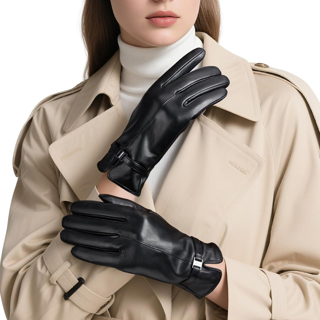 OZERO Womens Winter Gloves Leather Warm Cashmere Touchscreen Glove - Thermal Gifts for Cold Weather to Wife, Mom, Grandma