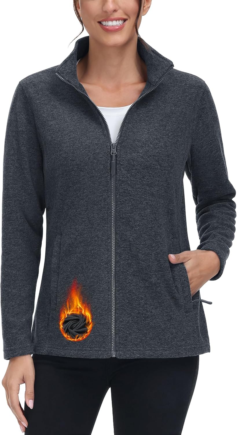 TACVASEN Women's Full Zip Fleece Jacket Lightweight Jacket Womens Winter Warm Coats with 2 Zipper Pockets