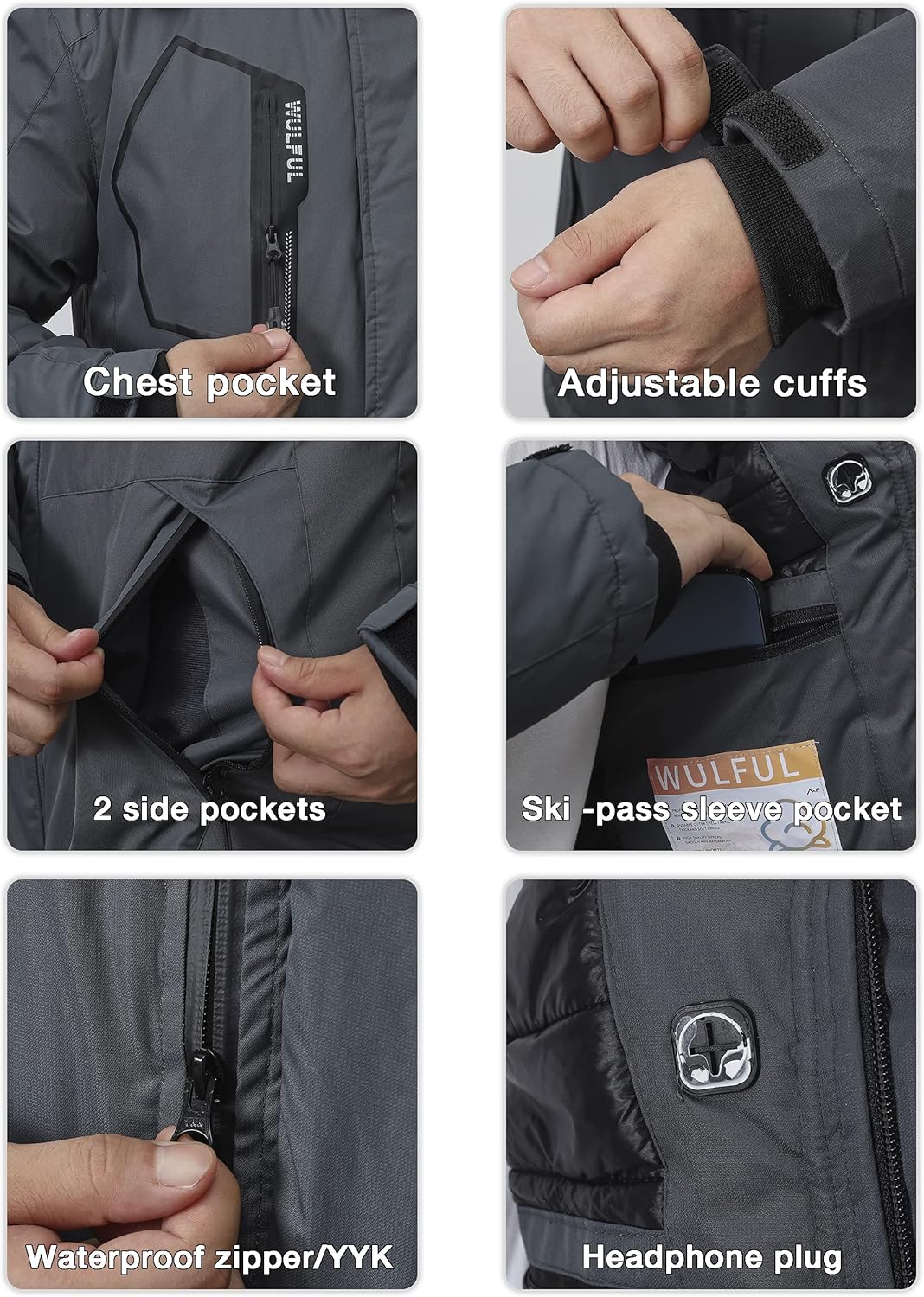 WULFUL Men's Waterproof Ski Jacket Warm Winter Snow Coat Mountain Windbreaker