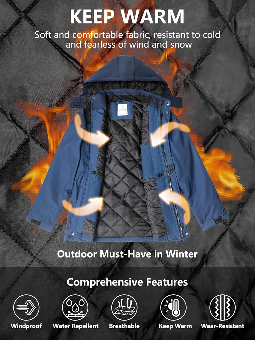 Mens Winter Jacket Warm Winter Coat Water Repellent Ski Snowboard Parka Jackets Hooded Windproof Windbreaker