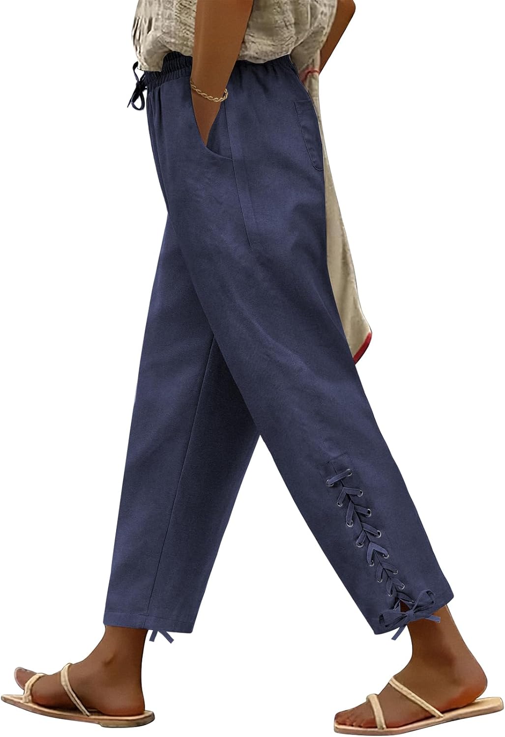 heekpek Linen Pants for Women Casual Capri Pants Drawstring High Waist Straight Cropped Pant Loose Trousers with Pockets