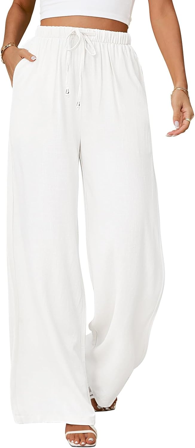 heekpek Womens Linen Pants Summer Wide Leg Palazzo Pants Flowy Loose Trousers Casual Trendy Clothes Beach Pant with Pockets