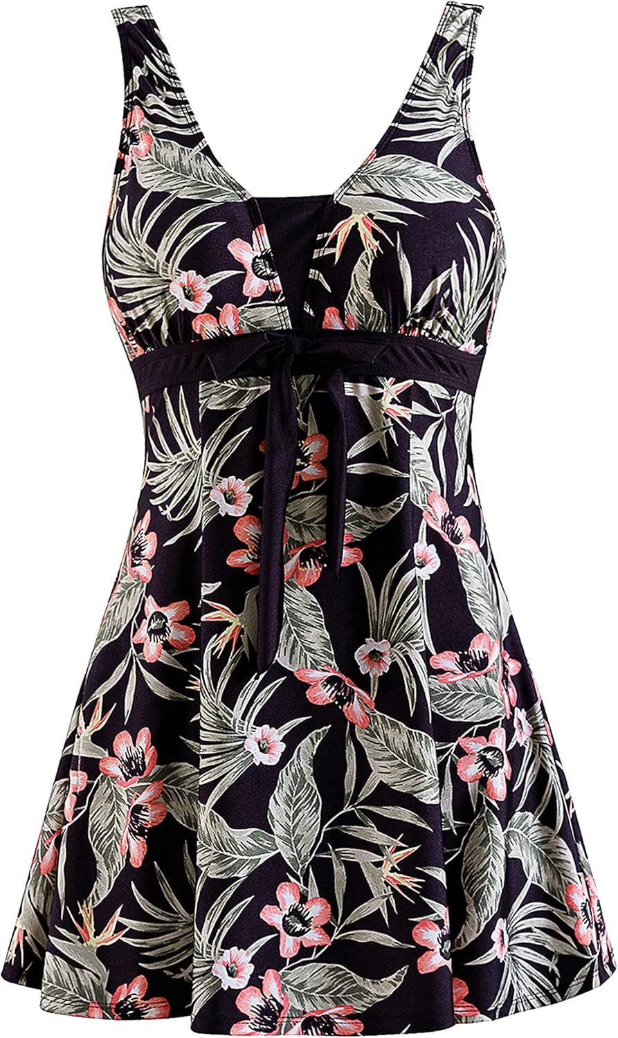 Wantdo Women's Plus Size Swimsuit Floral Swimdress Push Up One Piece Bathing Suit