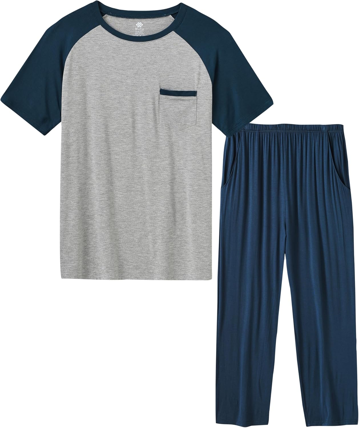 MoFiz Mens Pajama Sets,Modal Pajama Bottom Pants& Crew Neck Short Sleeve Shirts Sleepwear Sets 2 Pieces Suits