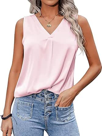 Zeagoo Womens Satin Tops Casual Sleeveless Silk V Neck Cami Camisole Blouses Summer Tank Shirt Pink M