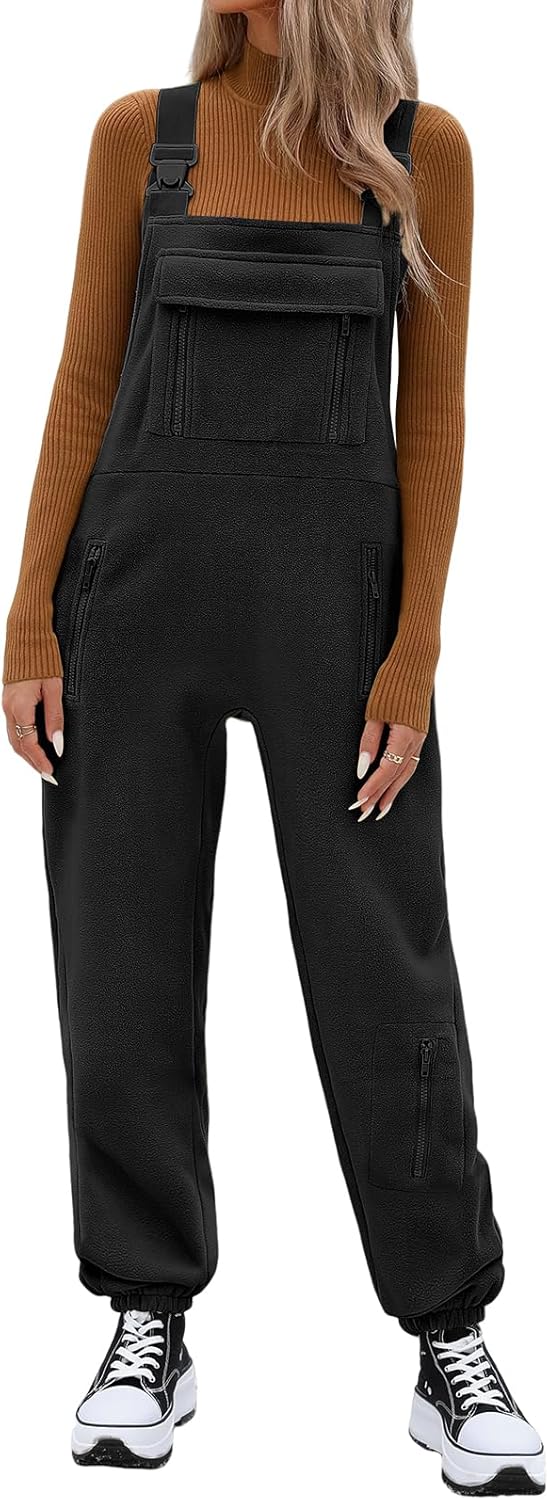 HEEKPEK Women's Fleece Overalls Winter Warm Fuzzy Causal Jumpsuits Adjustable Strap Sleeveless Fluffy Bib Pants with Pockets