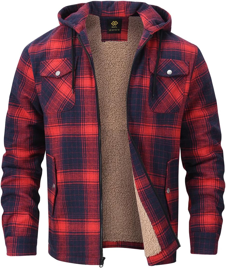 MoFiz Men's Cotton Jackets Plaid Lined Thicken Fleece Winter Warm Coat Full Zip Hooded Jacket 4-Pockets