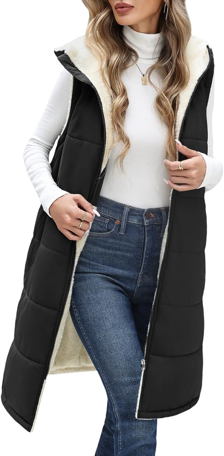 HEEKPEK Womens Fleece Vest Long Sleeveless Hooded Zip Up Jackets Sherpa Warm Fall Winter 2025 Vests Outerwear with Pockets