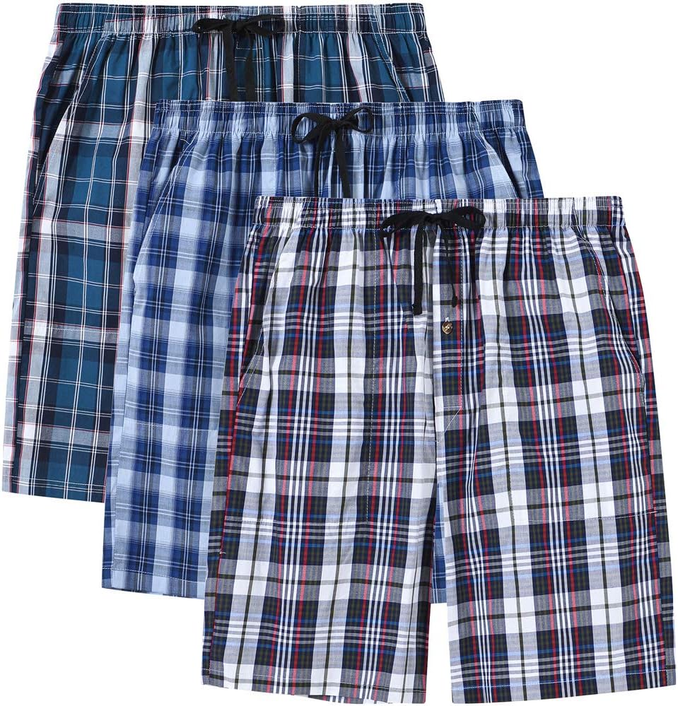 MoFiz Men's Sleepwear Shorts Pajama Bottom Lounge Short Plaid Button Open Fly 3Pack
