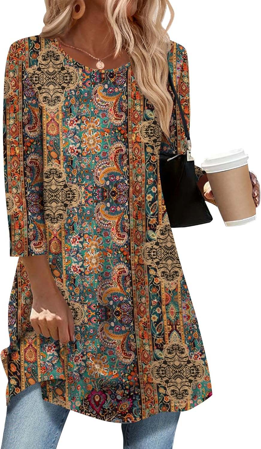 Zeagoo Women Tunic Tops 3/4 Sleeve Dressy Casual Plus Size Blouses to Wear with Leggings Swing Flare Loose Shirts S-3XL