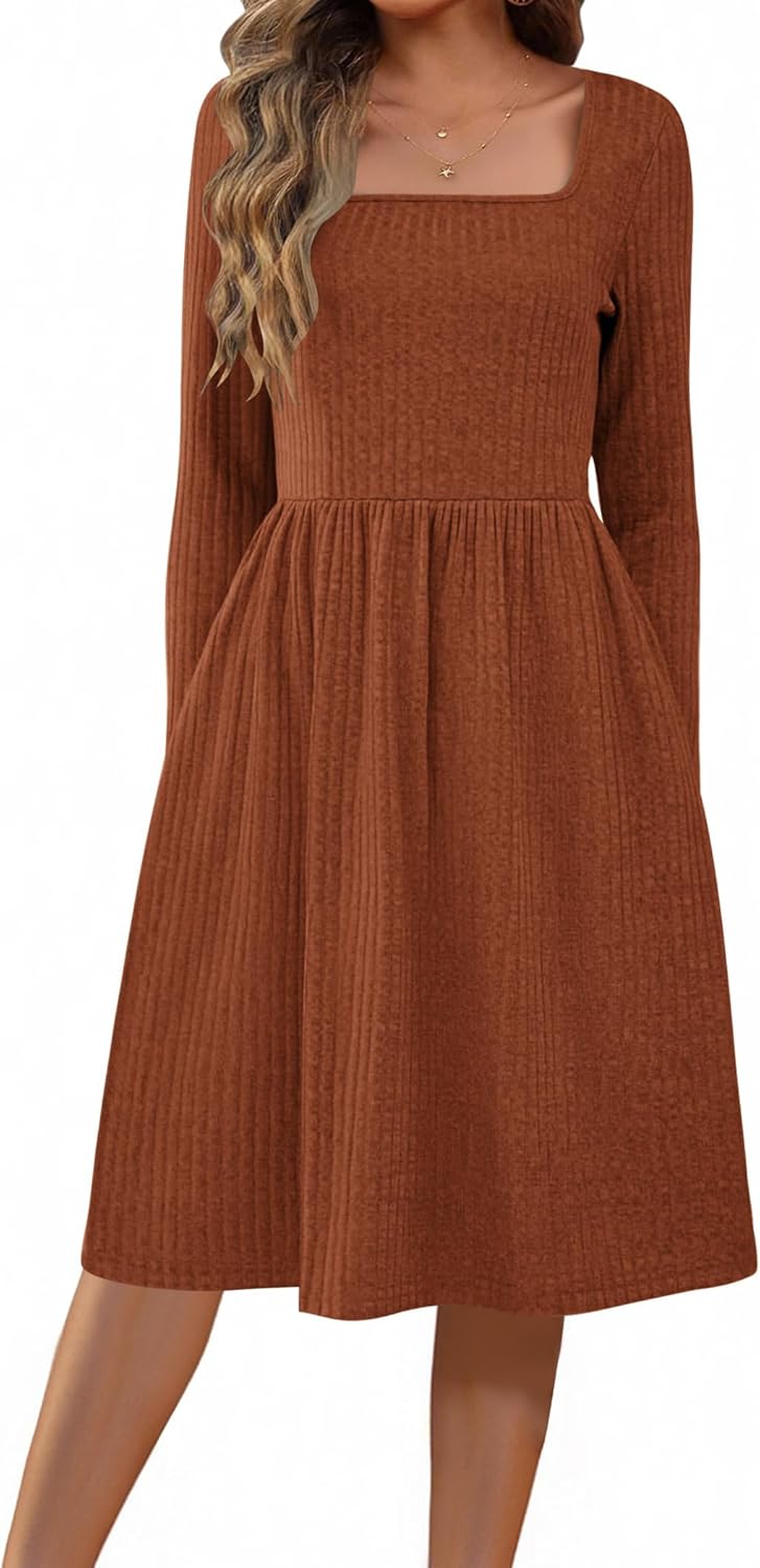 Zeagoo 2025 Women Fall Winter Sweater Dress Long Sleeve A Line Casual Dress with Pockets
