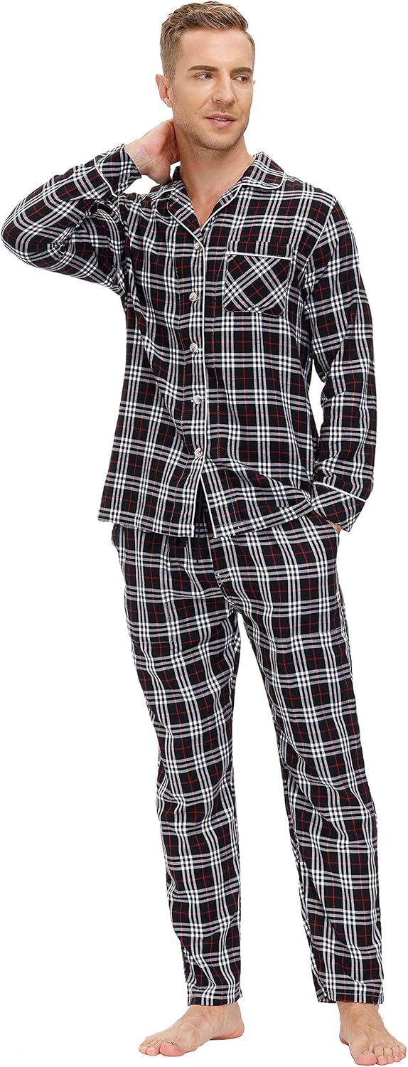MoFiz Mens Pajama Set Long Sleeve 2 Piece Lounge Cotton Plaid Pants Night Suit with Pockets PJ's Sleep for Men