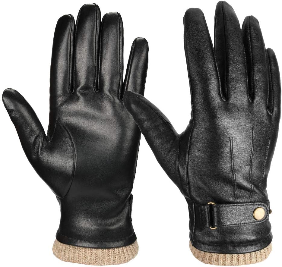 OZERO Mens Winter Gloves Nappa Leather Warm Cashmere Touchscreen Glove - Thermal Gifts for Cold Weather to Dad or Husband