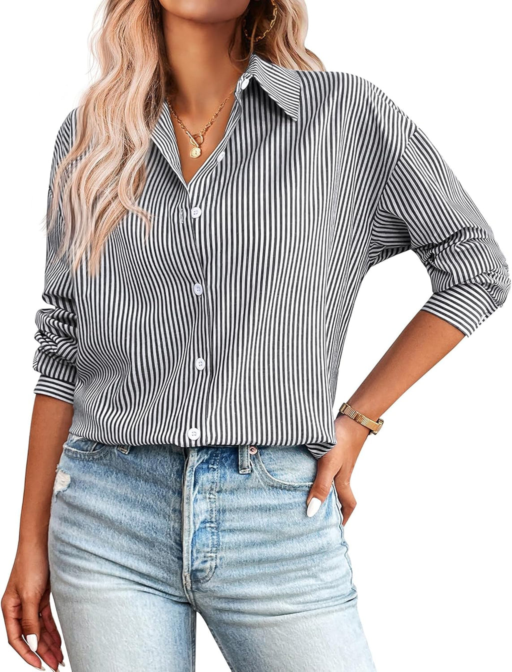 Zeagoo Womens Button Down Shirts for Women Loose Striped Long Sleeve Cotton Blouses Dressy Casual Business Work Tunic Top