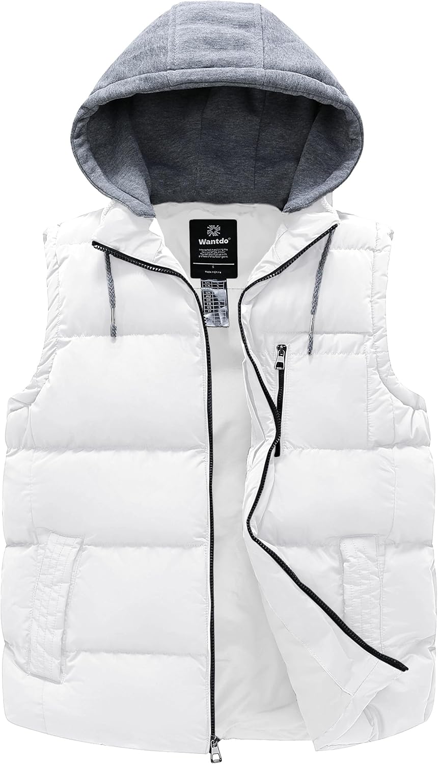 Wantdo Men's Quilted Winter Vest Warm Thicken Sleeveless Puffer Jacket with Detachable Hood