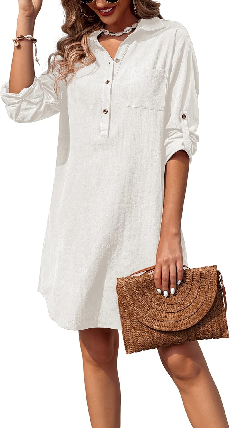 Zeagoo Women's Cotton Button Down Shirt Dress Roll-Up Sleeve Collared Linen Casual Tunic Blouse Top