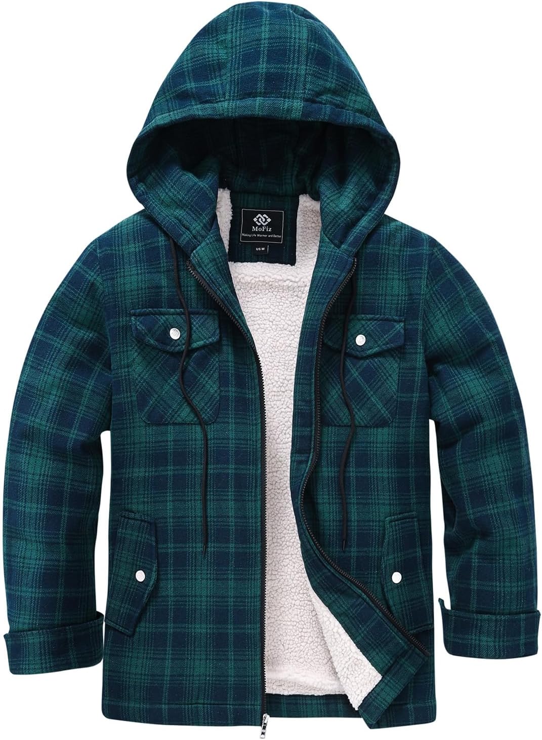 MoFiz Mens Jackets Coats Fleece Lined Sherpa Cotton Plaid Coat Hoodie Winter Warm Full Zip Flannel Jacket for Men